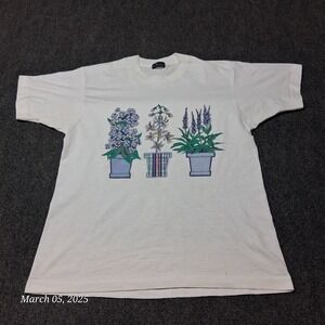 VTG‎ Potted Flowers T Shirt Women Size Large White Single Stitch Crew Neck